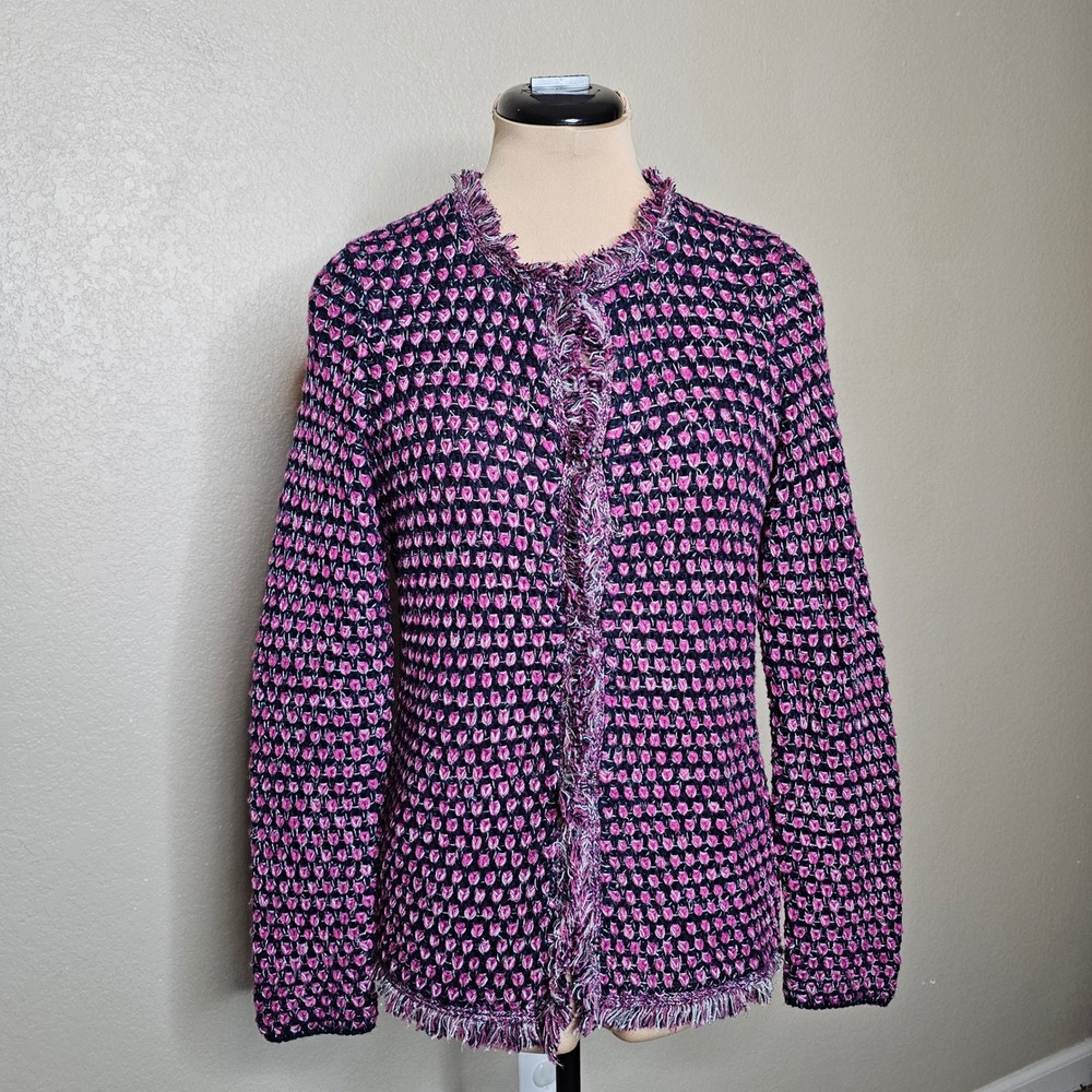 J.McLaughlin Navy Pink Wool Metallic Fringe Knit Cardigan Jacket Small